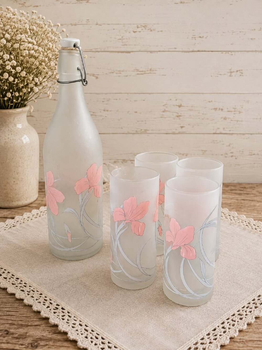 CERVE | Vintage Frosted Glass Pink Iris Tumblers & Serving Bottle – Set of 5